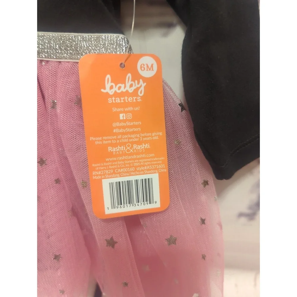 Infant Bodysuit Tulle Skirt with Matching Hair Bow Pink Sparkly Stars Sz 6 mths